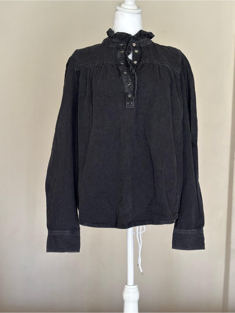 NWT ba&sh Black Ruffled Henley Long Sleeve Top